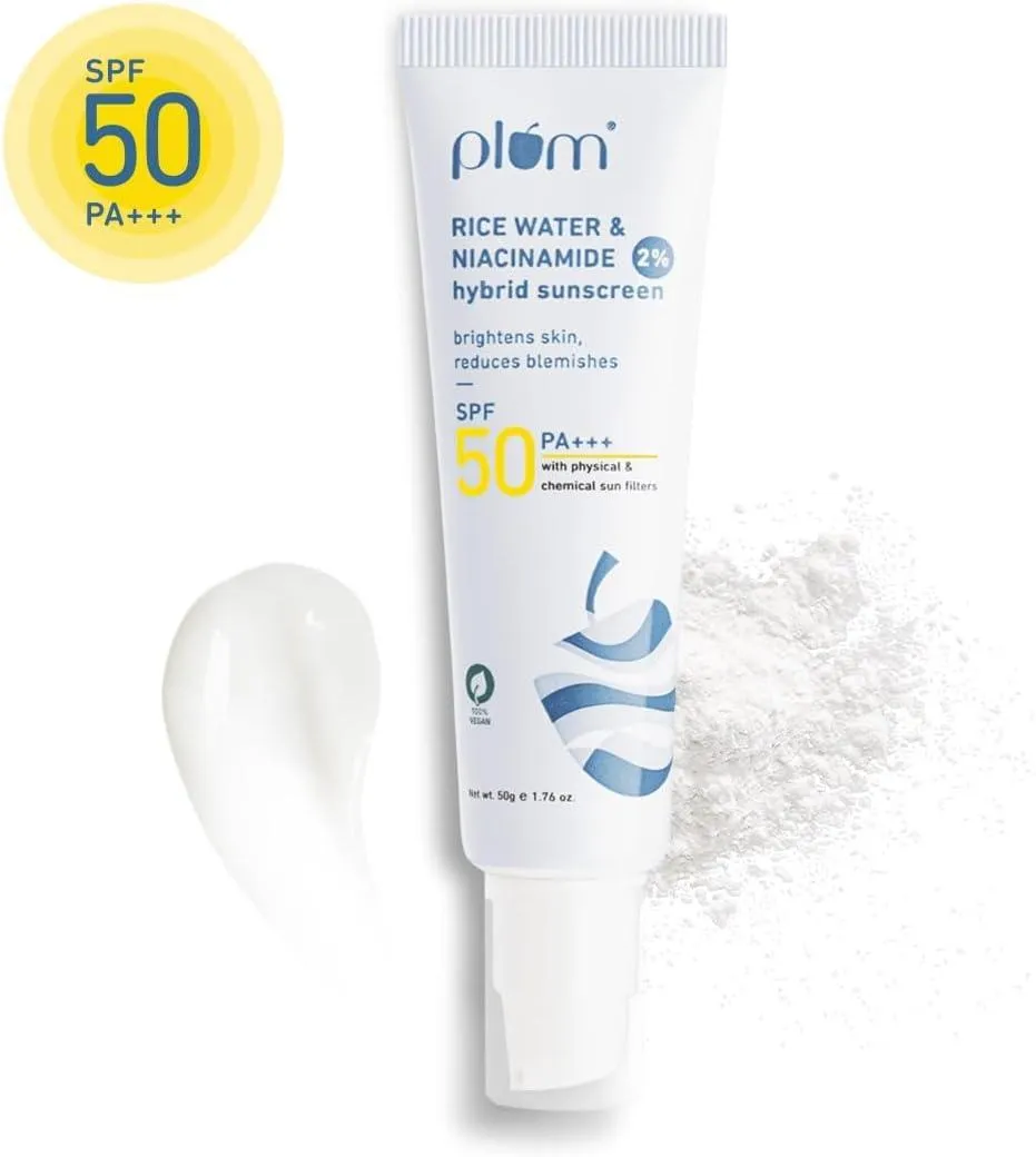 Plum 2% Niacinamide & Rice Water SPF 50 PA+++ Hybrid Sunscreen.